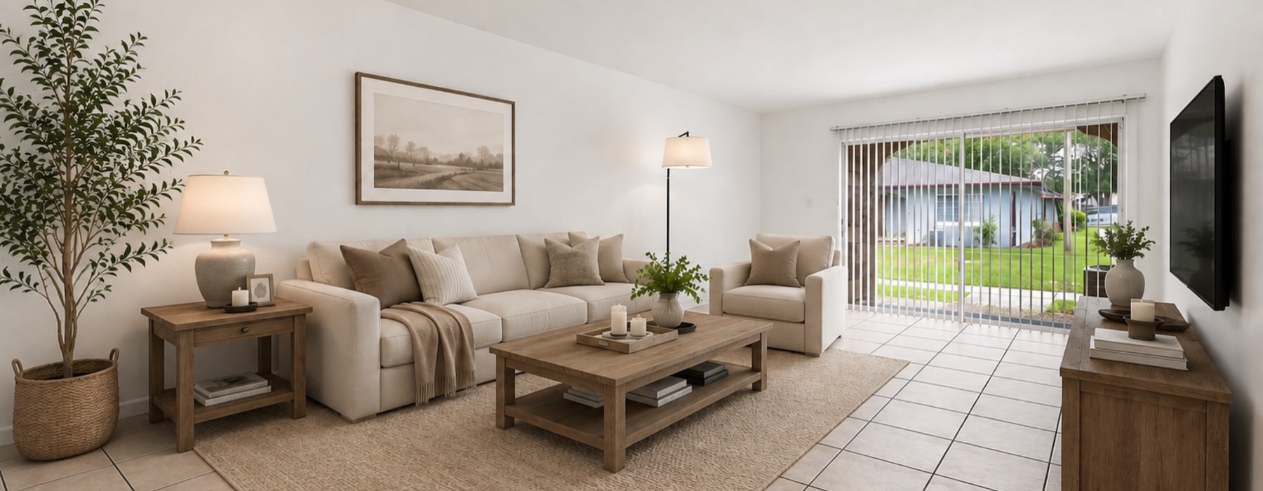 a living room with a couch and a coffee table