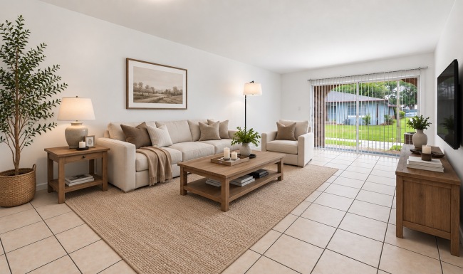 a living room with a large glass door