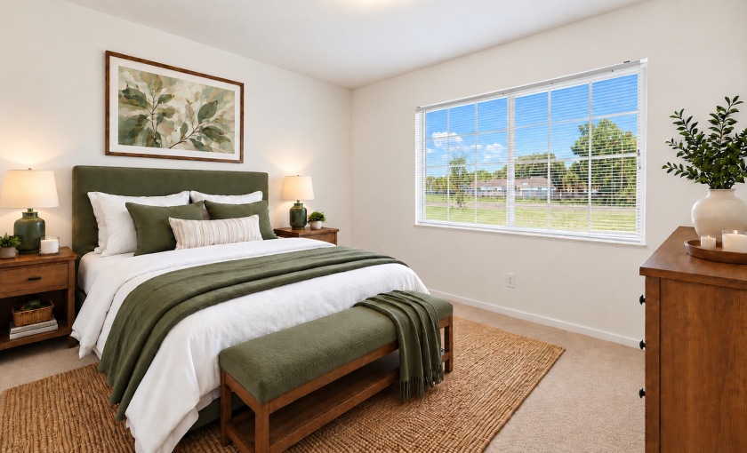 bedroom with a bed and a large painting on the wall