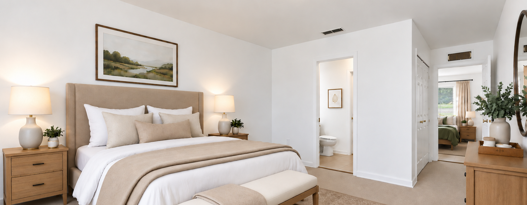 bedroom with a bed and a large painting on the wall